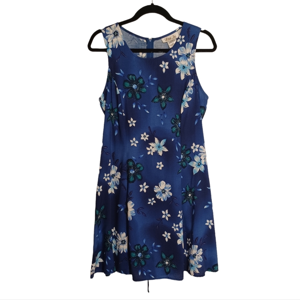 VTG LISA JO Hawaiian Blue White Floral Print Sleeveless Lace Up Dress 13/14